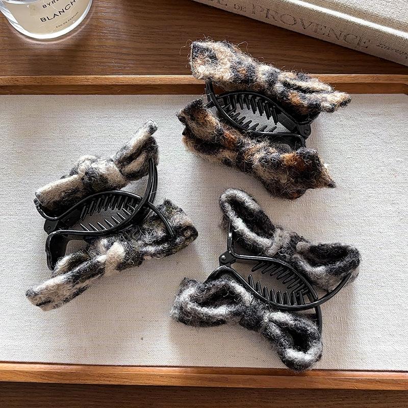 Leopard Print Bow Ball Head Grab Clip Female High Ponytail Fixed Anti-collapse Hairpin Shark Clip