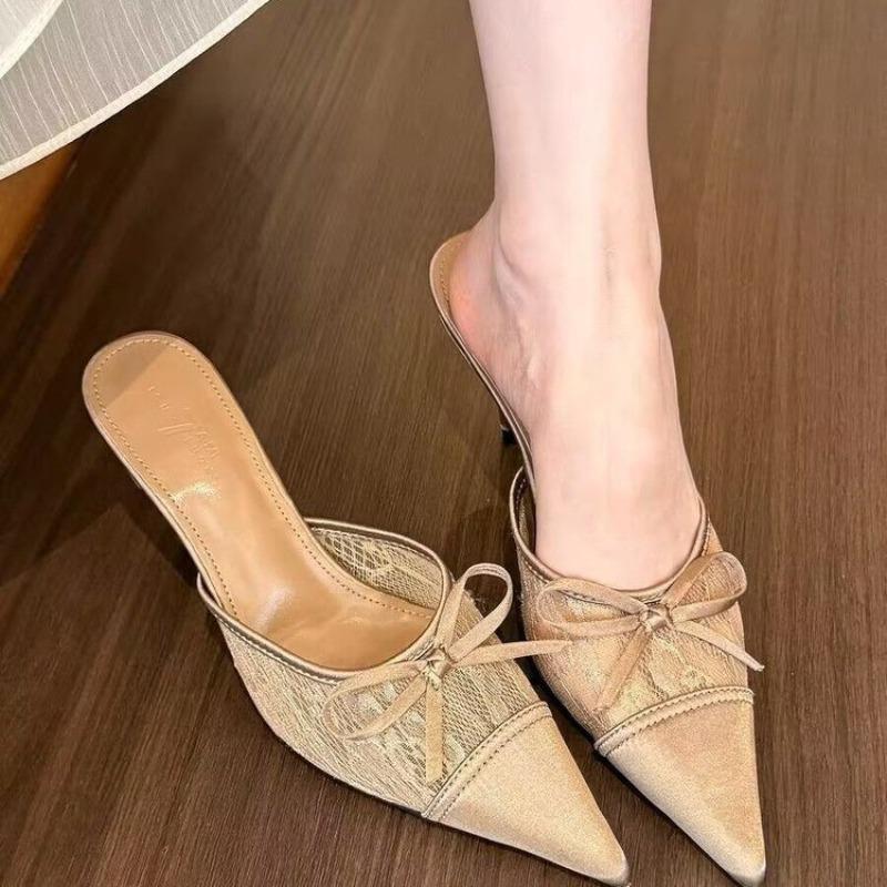 New Style Popular Mesh Embroidered Flowers Thin Heels Sandals Women Summer Sexy Slingback Pointed Toe Pumps Dress Shoes Sandals