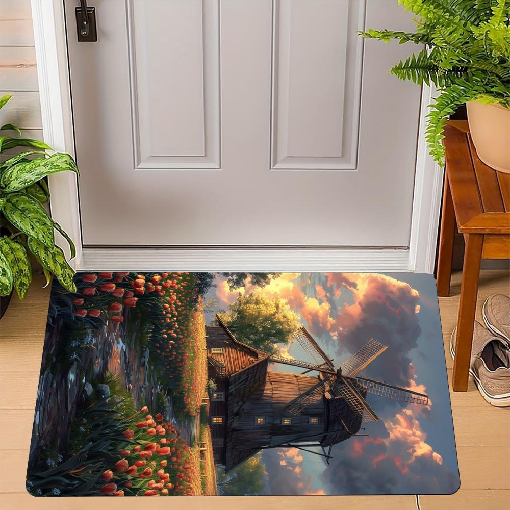 Vintage Windmill Door Mat With Scenic Rural Landscape Artistic Patterns Soft NonSlip Mat For Home Entrance, Patio, Balcony,