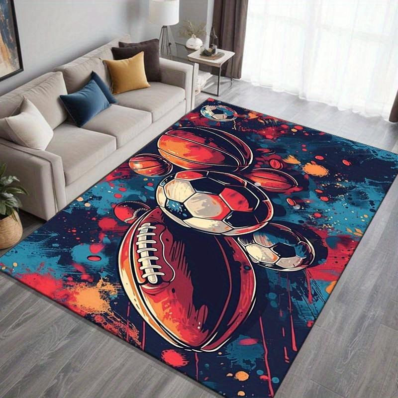 Sports Theme Area Rug with Basketball, Soccer, Football, Tennis Patterns, for Living Room, Bedroom, Kitchen Decor