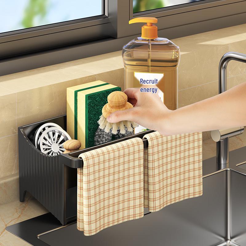 Kitchen Sink Storage Rack: Detergent, Sponge, Wipes, Steel Wire Ball, Drain.