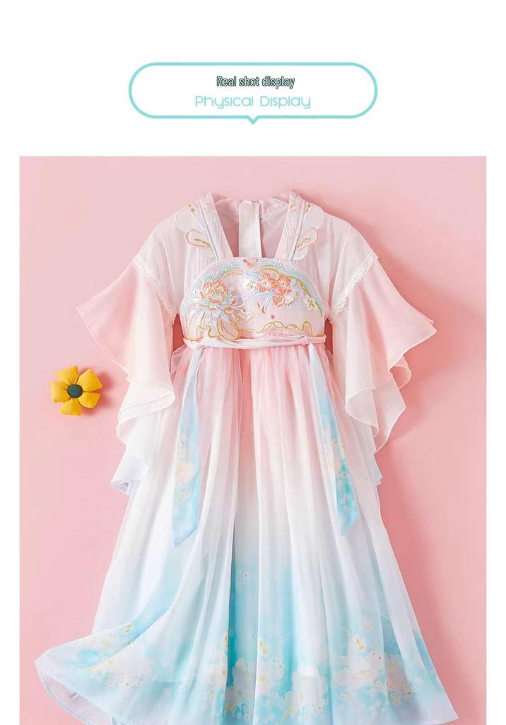 Girls' Long Sleeve Hanfu Performance Dress with Mesh Skirt - Summer Style