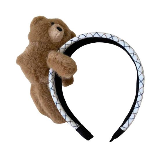 Plaid Fabric Hair Hoop, Non-Slip Headband with 3D Plush Bear Doll Design, Sweet Style Hair Accessories for Daily Wear