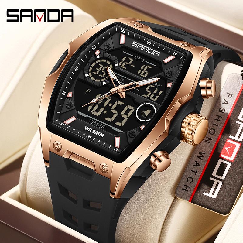Sanda Dual-Movement Barrel Watch: Luminous Alarm, Large Dial, Multifunctional Student Watch.