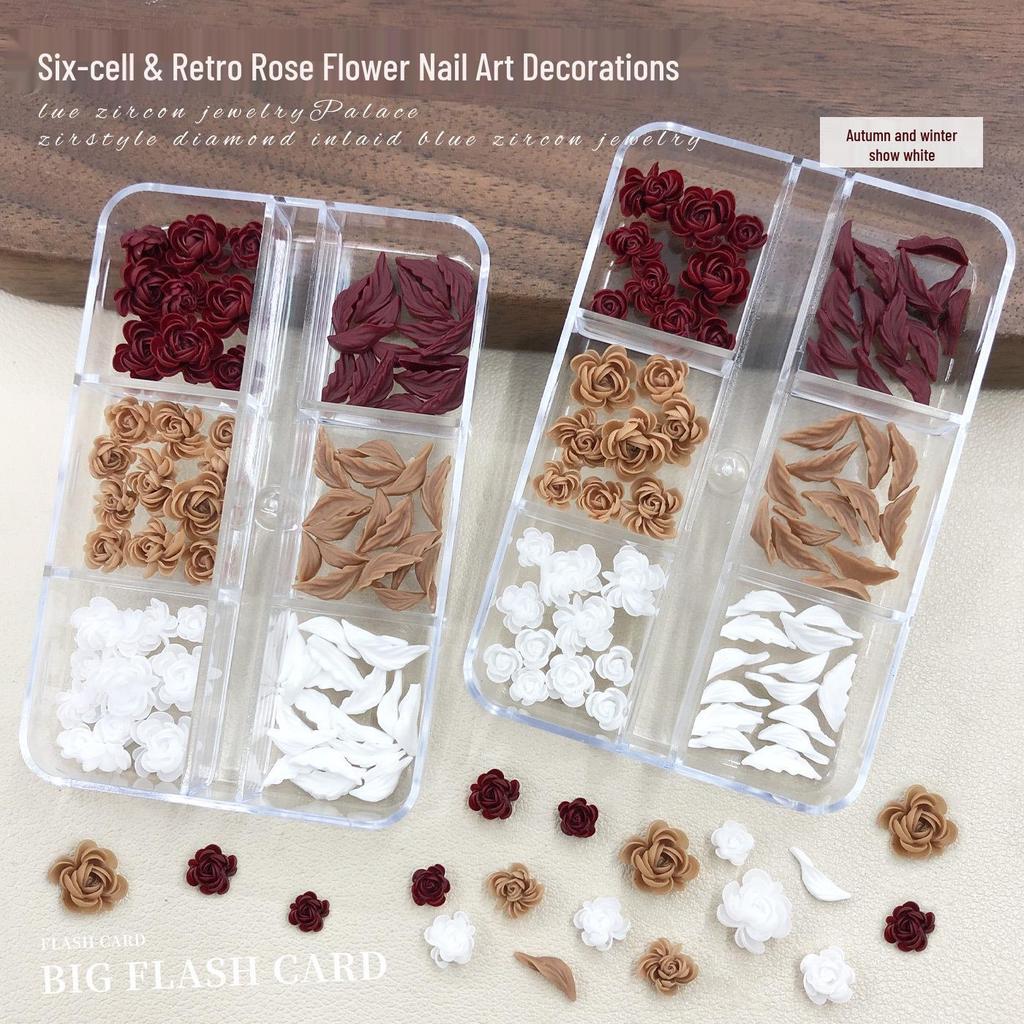 6-Kratek Rzeźbiony Różowy Nail Art: Sztuczne Kwiaty i Liście z Żywicy