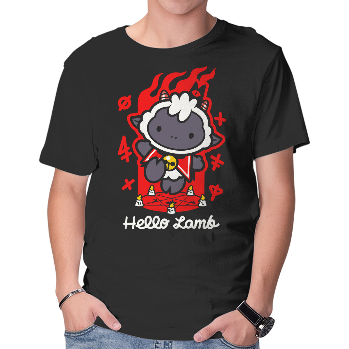 Unisex Crew Neck T-Shirt Hello Lamb Graphic Short Sleeve Casual Tee M