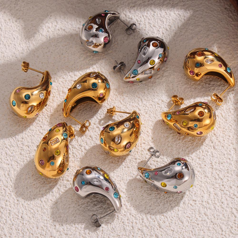 Wind New Diamond-Encrusted Water Drop Non-Fading Earrings 18K Gold Design Sense Light Luxury Titanium Steel Stud Earrings Women