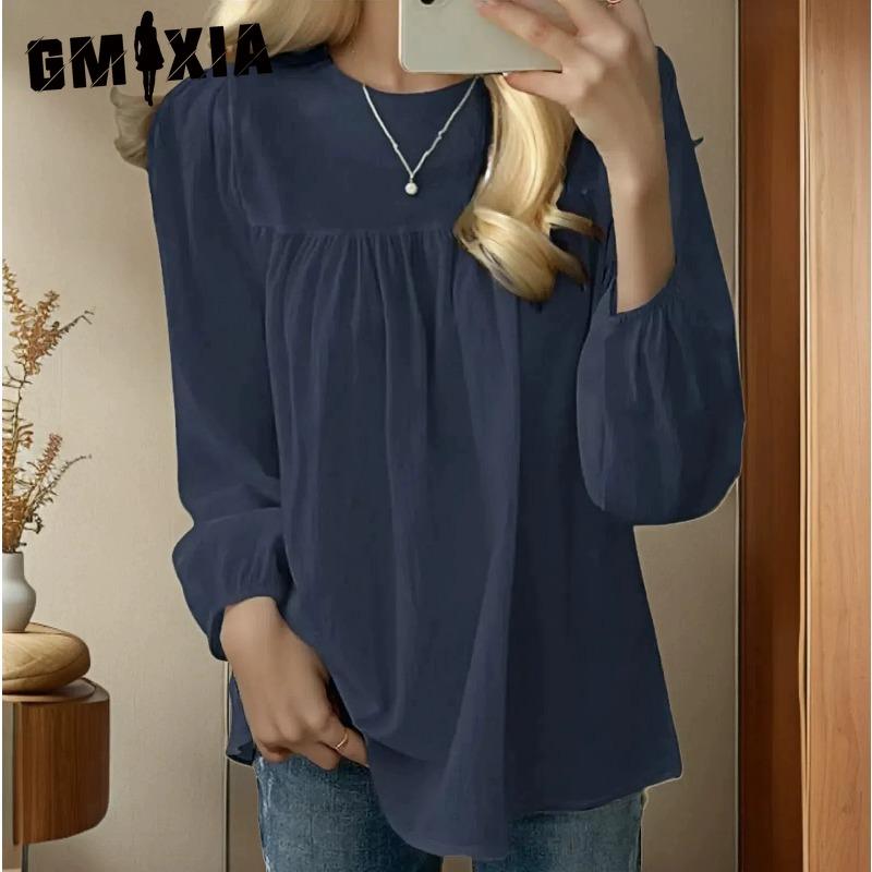 GMXIA Women's Fashion Casual Solid Color Print Long Sleeve O Neck Blouses & Shirts