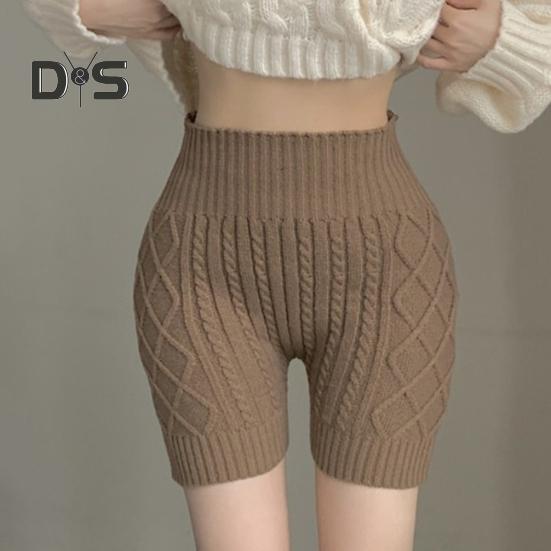 Dámské zimní spodní šortky pletené s vysokým pasem elastické jednobarevné hřejivé proti odhalení základní šortky pro každodenní nošení domů a další