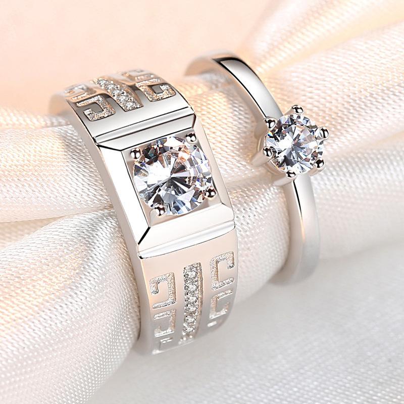 2pcs Couple 925 Sterling Silver Rings Sparkly Zircon for Women and Men Superior Luxury Wedding Jewelry Anniversary Gift