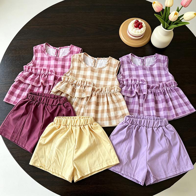 Girls Summer Plaid Sleeveless Top And Shorts Set Toddler Baby Fashionable Casual Two Piece Outfit For Weather