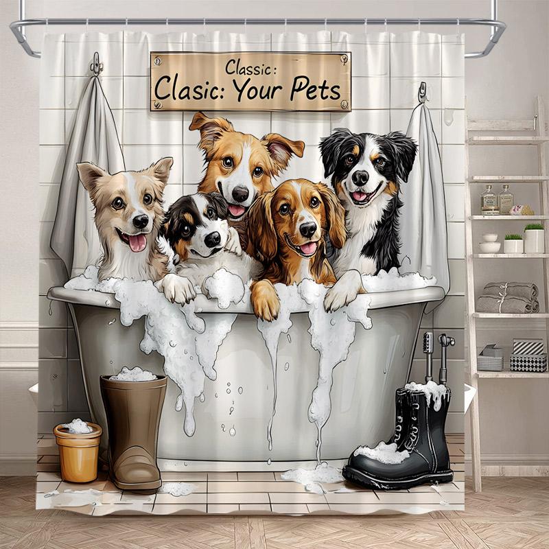Funny Bathing Dogs Shower Curtains Cactus Floral Cute Pet Animals Kids Bath Curtain Polyester Home Bathroom Decor With Hooks