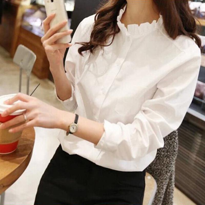 

Spring and Autumn New Style Korean Style Women s White Fungus Trim Stand Collar Long Sleeve Professional Loose Top S білий