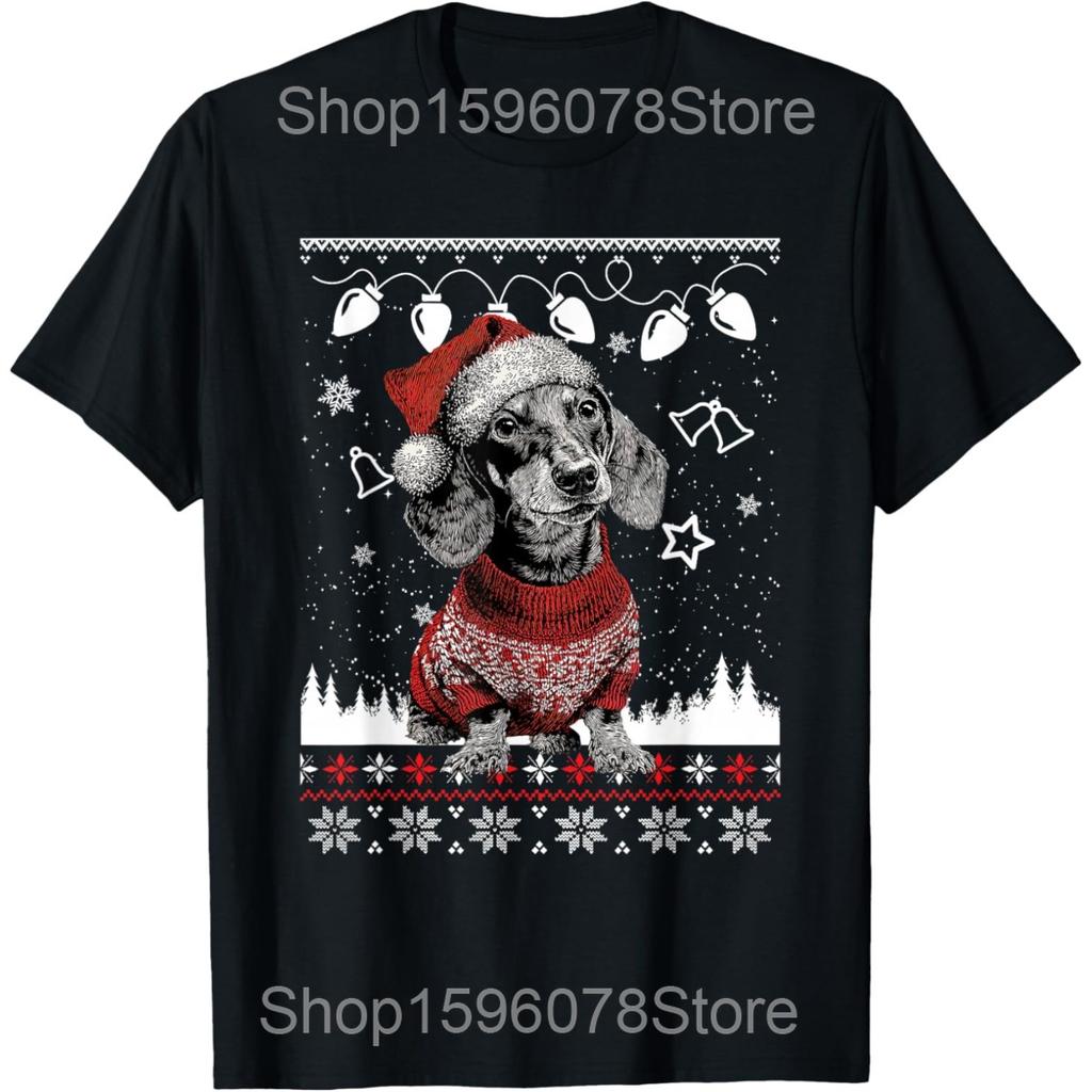 Funny Dachshund Dog Christmas Lights Xmas Pet Dog T Shirts Men Humor Streetwear Tee Shirt Short Sleeve Unisex Loose Clothing
