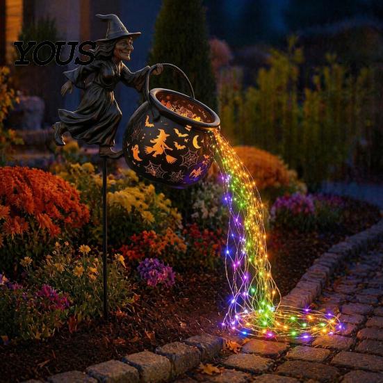 Osvětlená venkovní sezónní dekorace Halloweenský kotel čarodějnice Zahradní světlo, Kovový kůl na zahradu s LED řetězem Ozdoba na květináč Světla, Vodotěsná socha pro