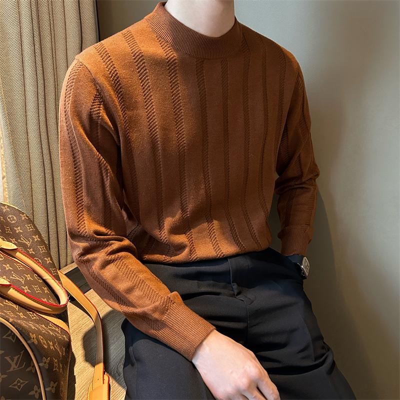 Autumn New Men's Plaid Jacquard Long-Sleeved T-shirt Fashion Slim Half Turtleneck Stretch All-Matching Sweater