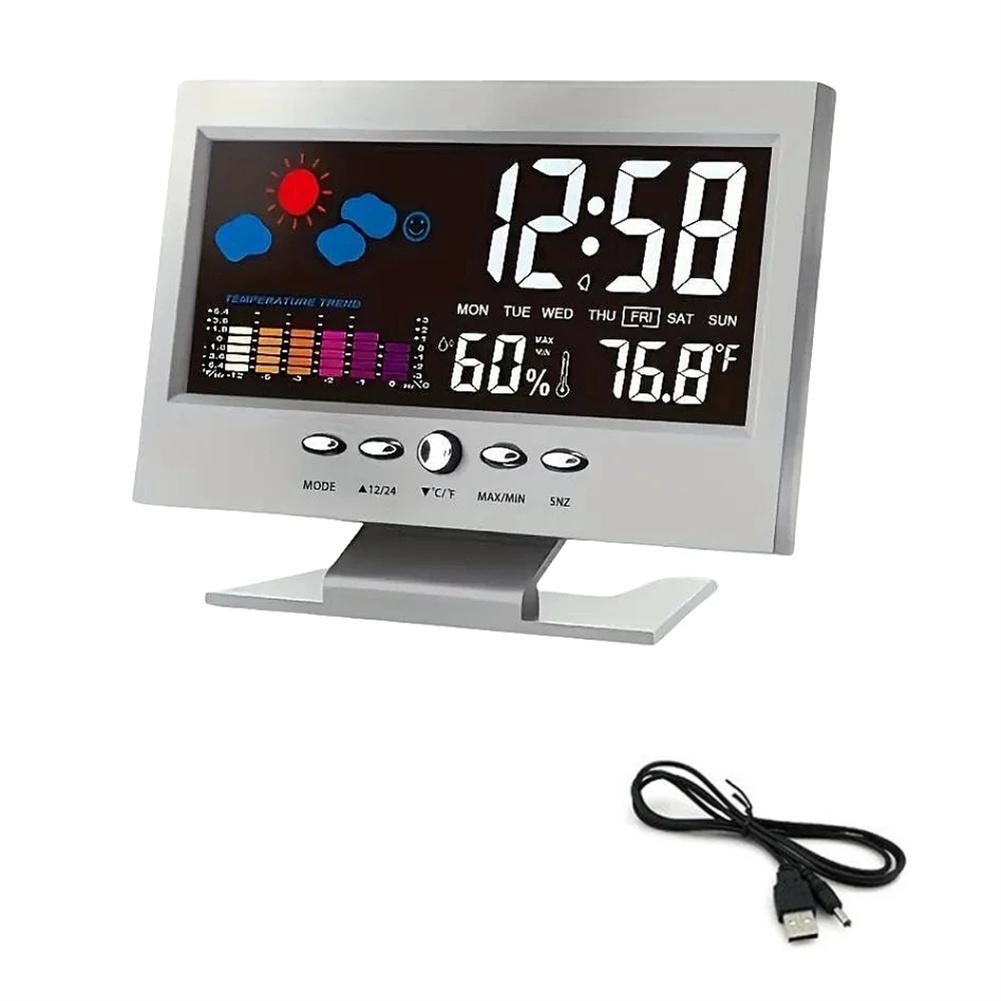 Réveil Avec Grand Écran Tactile Couleur à Commande Vocale, Câble USB, Test d'Humidité, Station Météorologique 5-en-1 Pour Chambre à Coucher, Salon