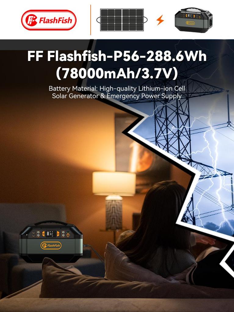 Flashfish P56 Portable Power Station 288.6Wh Battery Capacity 3 Practical Charging Methods BMS Multi‑Safety Protection