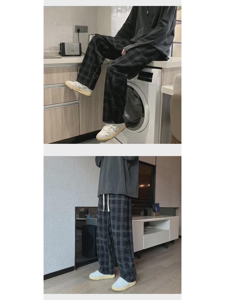 Herren Kord Plaid Lässige Weitbein Hose - Hong Kong Stil, Trendy, Locker sitzend, Gerade Bein Hose