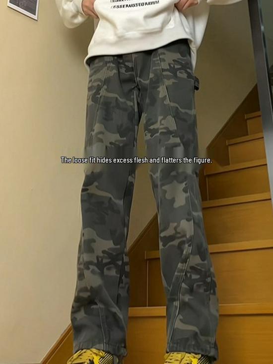 Jeans Camouflage Streetwear Homme Poids Lourd - Pantalon Décontracté Coupe Droite Ample pour Printemps/Automne