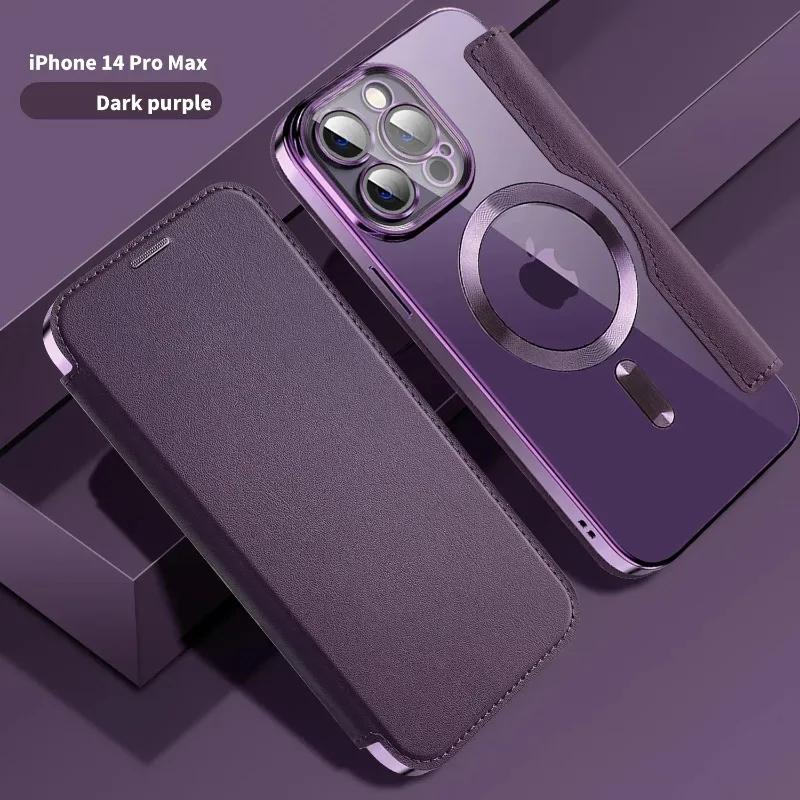 Electroplated Flip Leather Case for iPhone 16 15 14 13 12 11 Plus Pro Max for Magsafe Wireless Charging Protection Luxury Cover