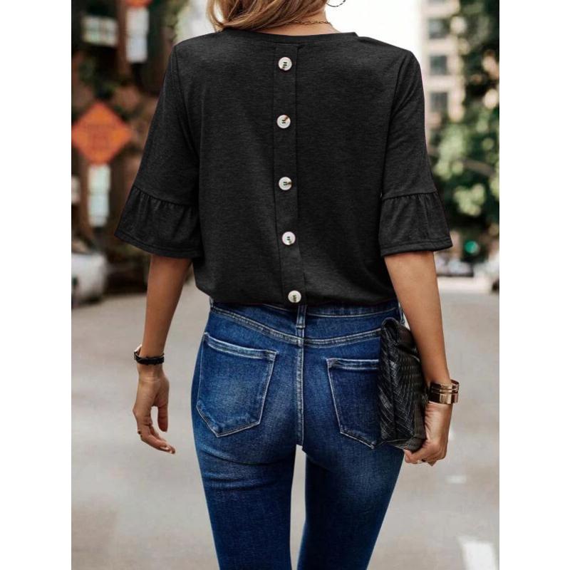 

Летняя и осенняя новая европейская и американская женская одежда, однотонная однобортная модная футболка с рюшами и рукавами 4XL чёрный