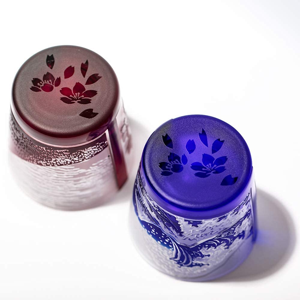 Taiburo Edo Glass Red Fuji and Wave Fuji with Cherry Blossoms Pair of Cups and Gift Made in Japan [Official Studio] - (Red Blue) TB022-204R_206B,