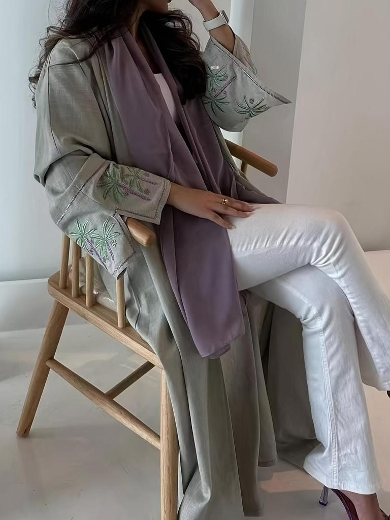 Elegant Light Green Floral Embroidered Abaya - Long Sleeve Maxi Dress In Polyester Fabric