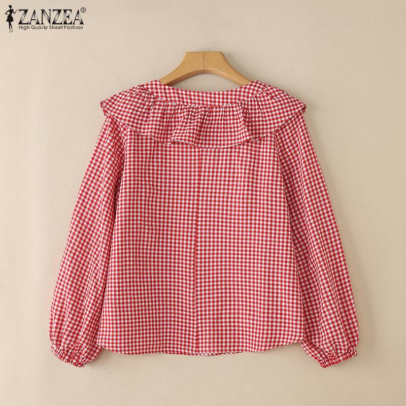ZANZEA Blusa Casual para Mujer con Volantes, Cuello Redondo, Manga Larga Holgada, Estampado de Cuadros