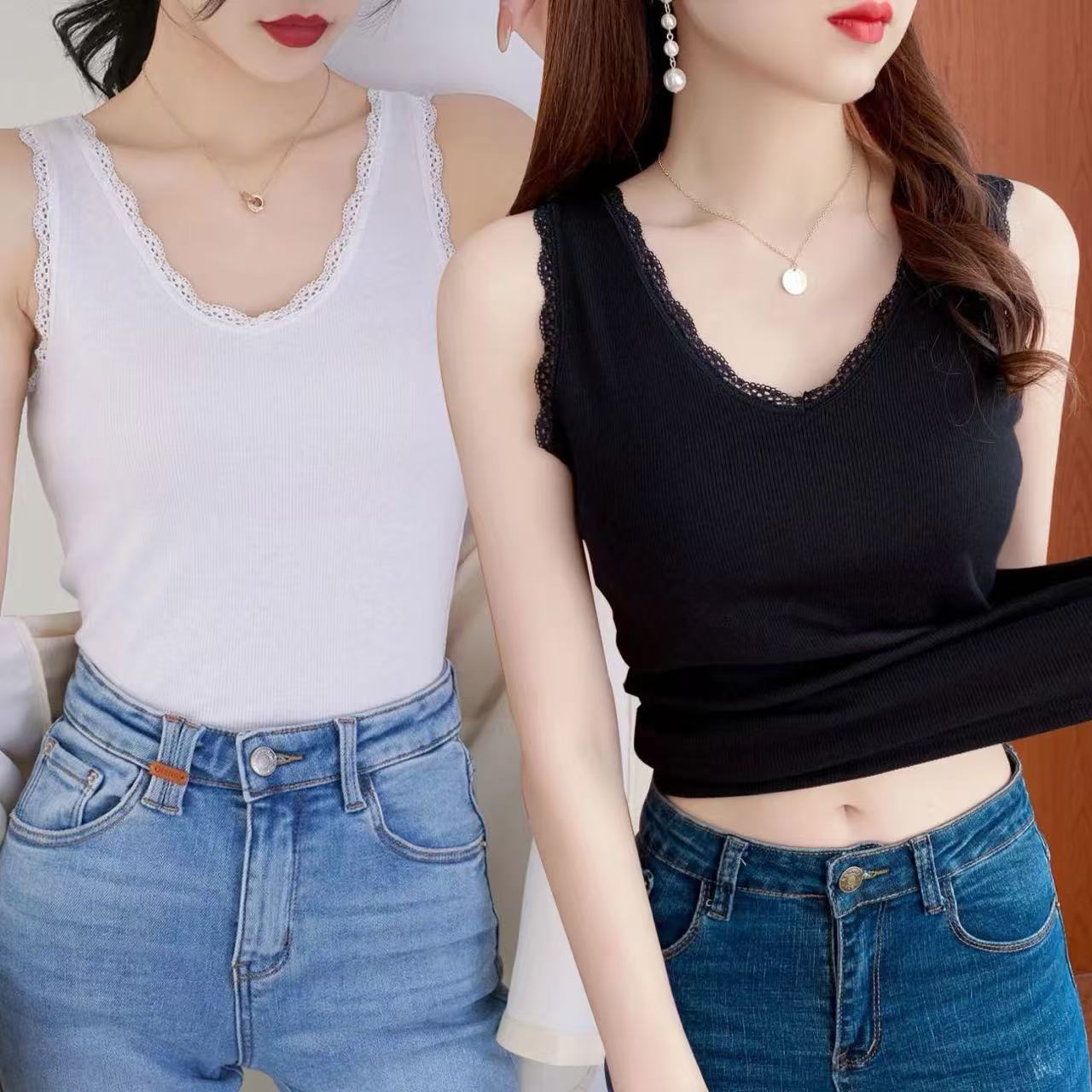 

Сексуальный кружевной топ с v-образным вырезом для женщин, облегающая майка в рубчик в корейском стиле, идеально подходит для многослойного ношения или ношения в одиночку весной и летом L