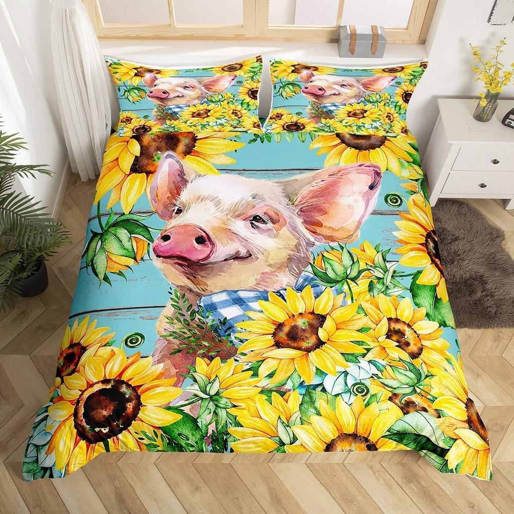 Pig Duvet Cover Set Cute Cartoon Pig Pattern Polyester Comforter Cover With Pillowcase King Queen Size For Kids Girl Bedding Set