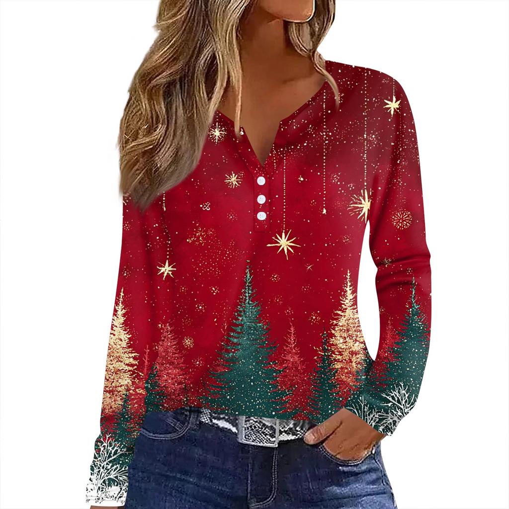 Women's T Shirt Tee Christmas Print Button Long Sleeve Daily Weekend Fashion Basic V- Neck Regular Top