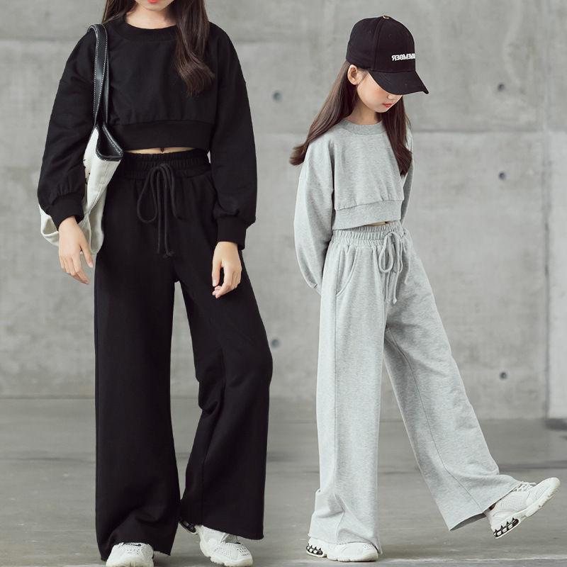 Pantaloni Larghi a Maniche Lunghe da Ragazza per Primavera e Autunno Completo a Due Pezzi Pantaloni da Strada Fritti Vita Alta Stile Coreano da Donna