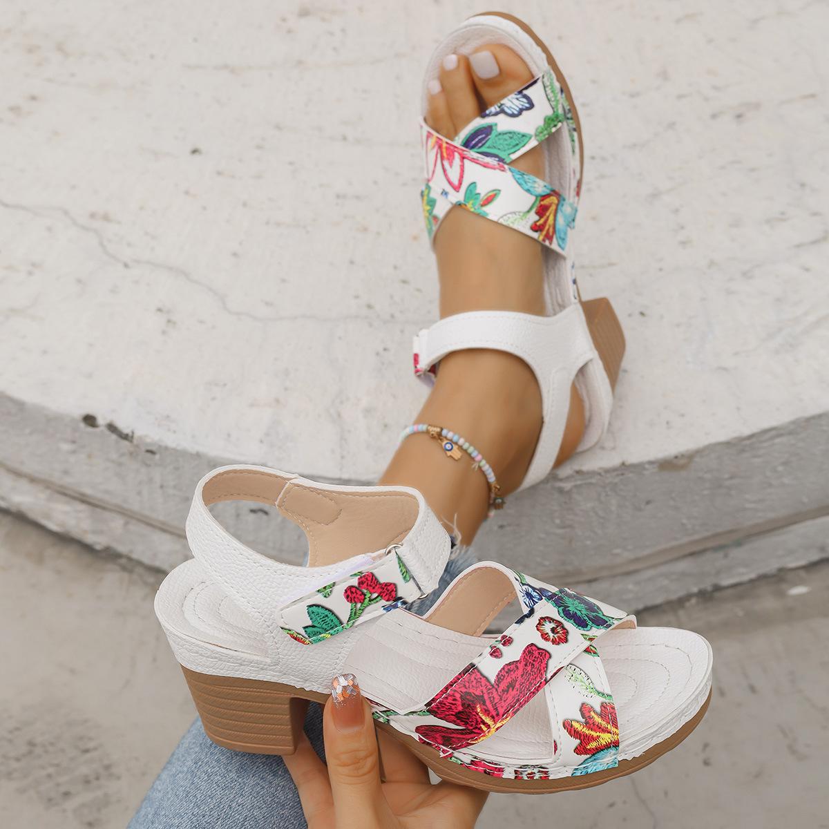 

One word sandals European and American large size foreign trade summer thick heel one word belt fashion European and American high heel Velcro sandals 43