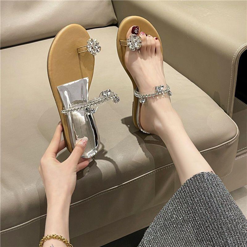 Wedge Heel Set Toe Rhinestone One-word Drag Girl 2025 Summer New Wear Korean Fairy Style Gentle Temperament Cool Slippers