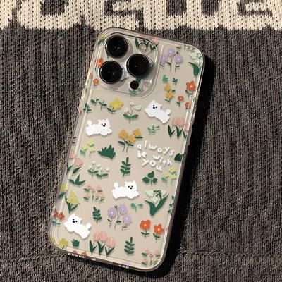 Ins Wind Floral Little White Dog iPhone14plus Mobile Phone Case Is Suitable for Apple 15 Transparent 16promax Soft 12.