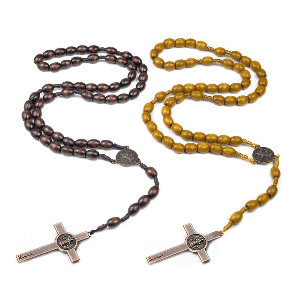 Christian Handmade Wooden Rosary Necklace Prayer Beads with Holy Soil Medal and Cross Bohemian Style for Men and Women