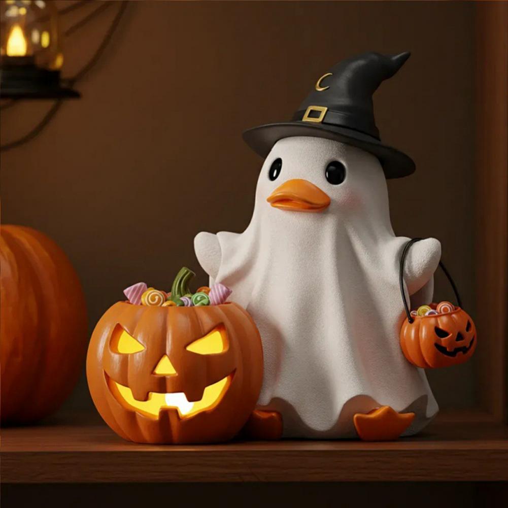 Halloween Statue Halloween Decor Spooky Halloween Witch Ghost Figurine with Candy Corn Pumpkin Decor Ghost Duck Resin for Home