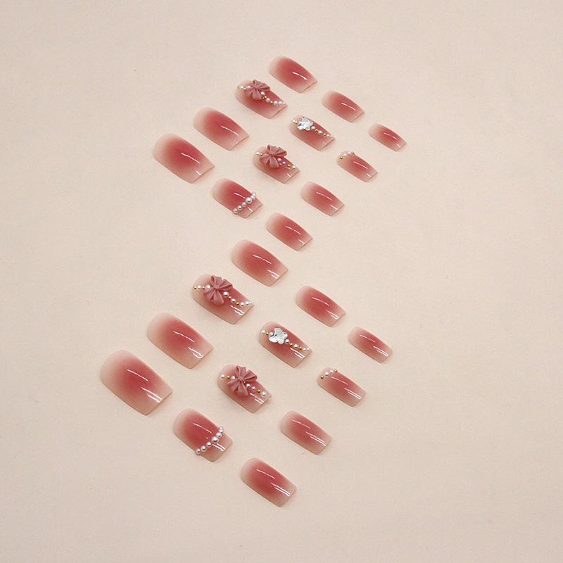 24 Pcs Gentle and Sweet Fairy Blush Bow Pearl Manicure Girl European and American Ins Wind Fake Nails Wear Nail