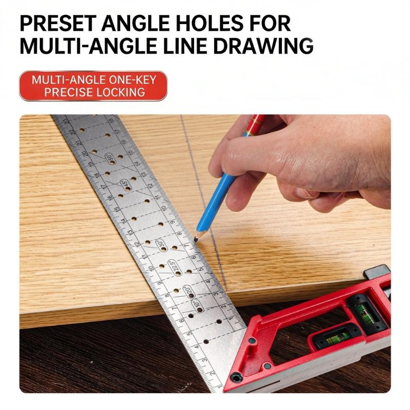 Aluminum Stainless Steel Combination Square Featuring Lasering Etched Graduations Build In Level Vials And Preset Angled Holes For Quick Layout