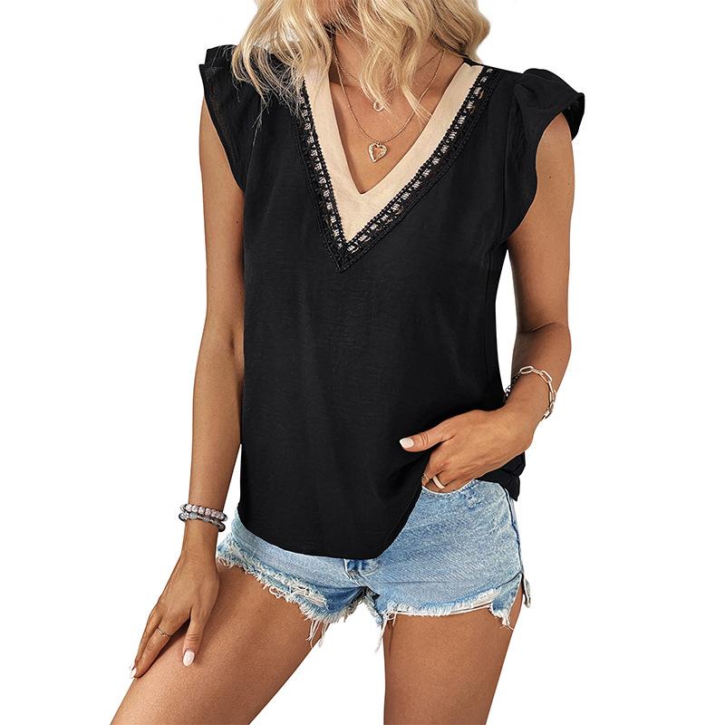 Summer Women's T-shirt Fashion Sleeveless Temperament Elegant Colorblocking V-Neck Tops