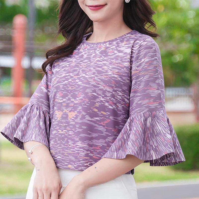 ZANZEA Women Casual Round Neck Flare 3/4 Sleeve Loose Print Blouse