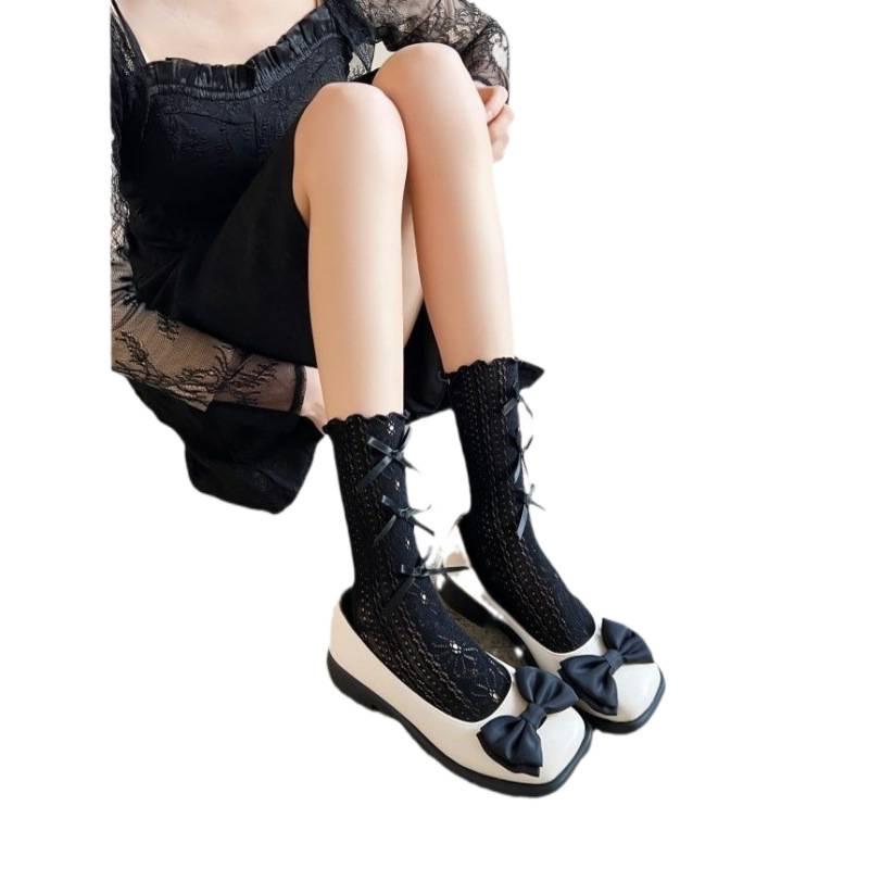 Beige Lace Bow Flower Socks - Spring/Summer JK Lolita Style