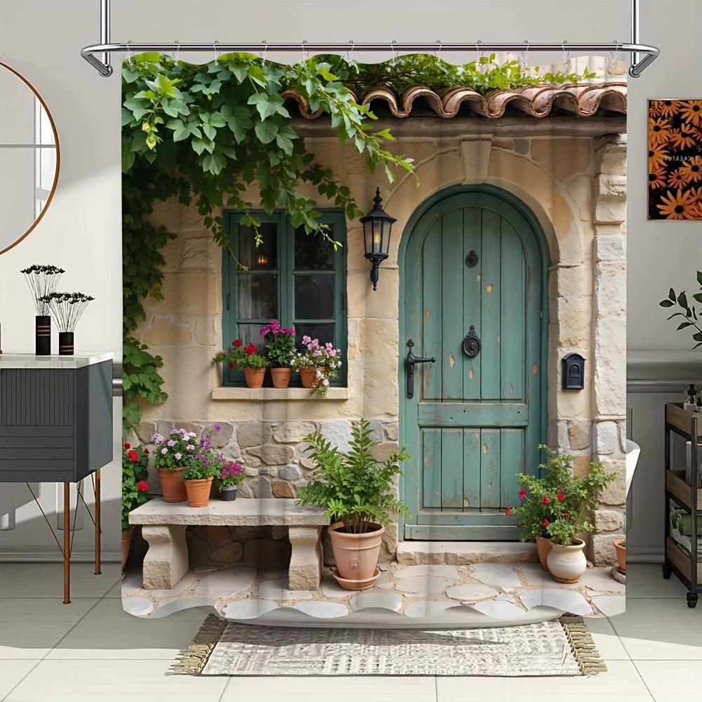 

Charming Cottage Bath Curtain - Green Door,Stone Wall & Potted Plants; Waterproof Home Decor Adds Rustic Charm To Your Bathroom. W60H190(CM)-1 Pcs