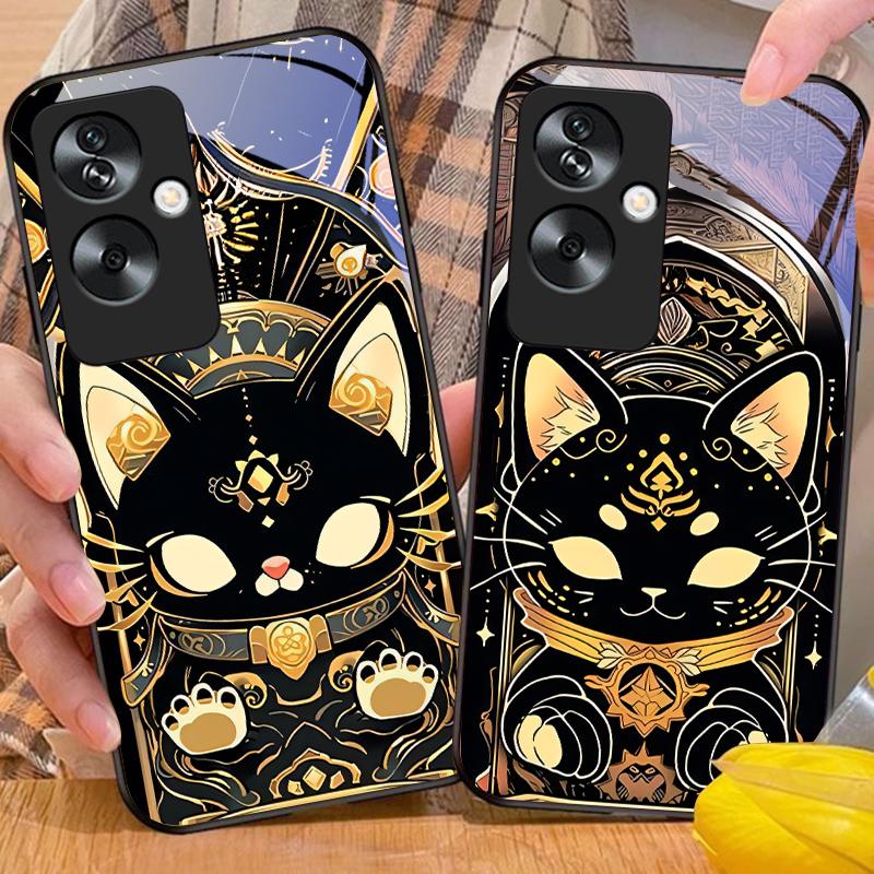 Schwarze Goldkatze für Oppo A79 5G 58 78 74 60 4G Reno 11F Realme GT 6 11 Note 50 10 C55 X2 Hartglas Schwarze Handyhülle