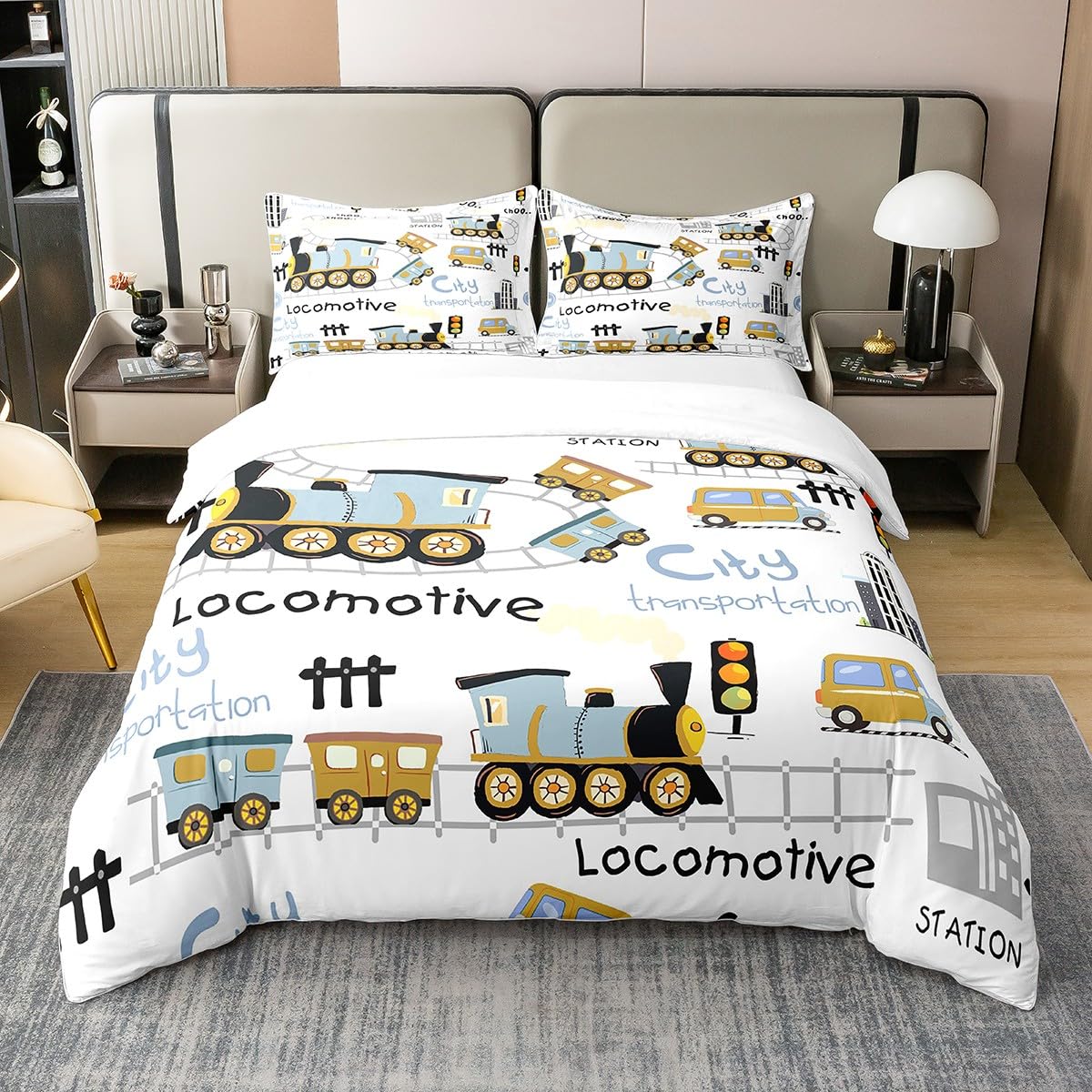 

Cartoon Train Duvet Cover Set Black Trains Bedding Set Boys Teens Men Bedroom Single Double Comforter Cover Decor Quilt Covers AU Queen(210*210cm)3pcs