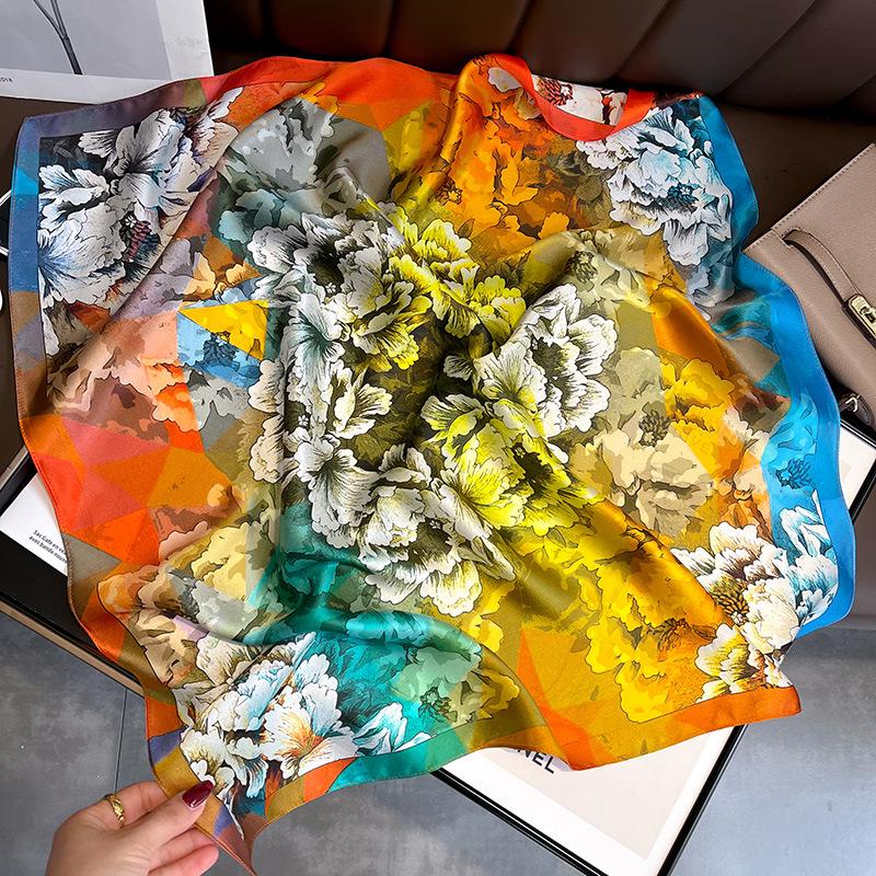 Korean Style Sweet Green Floral Butterfly Faux Silk Scarf - Women’s Versatile Spring/Summer Neck Scarf, 70cm Square.