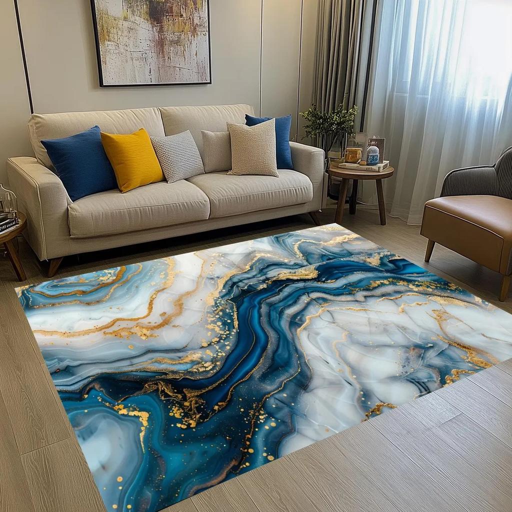 Black Gold Marble Area Rug – Greek Key Border Print Carpet  Soft Non-Slip Floor Mat for Living Room Bedroom Elegant Modern Decor