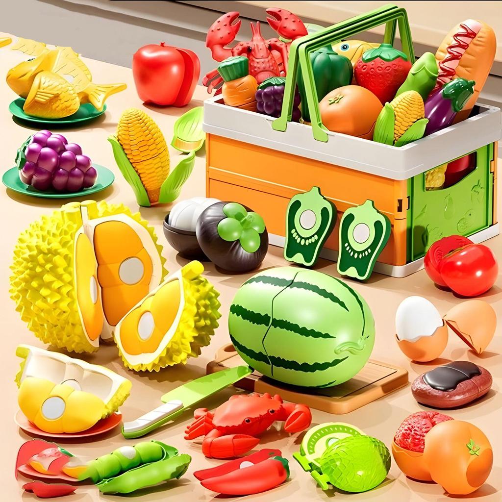 Children's Pretend Play Food Set with Cutting Fruits, Vegetables and Pizza