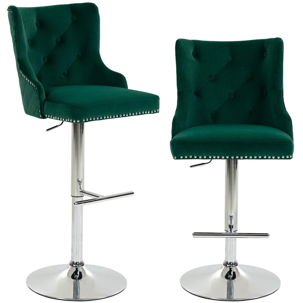 Bar Stools Set of 2, Modern Swivel & Adjustable Velvet Barstools with Button-Tufted Back, Footrest for Home Bar, Green